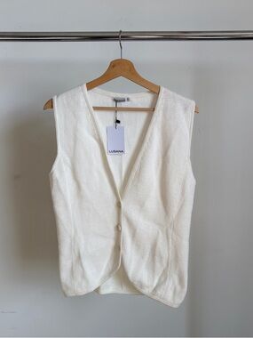NWT Lusana V-Neck Button Front Knit Vest in White Sz Small